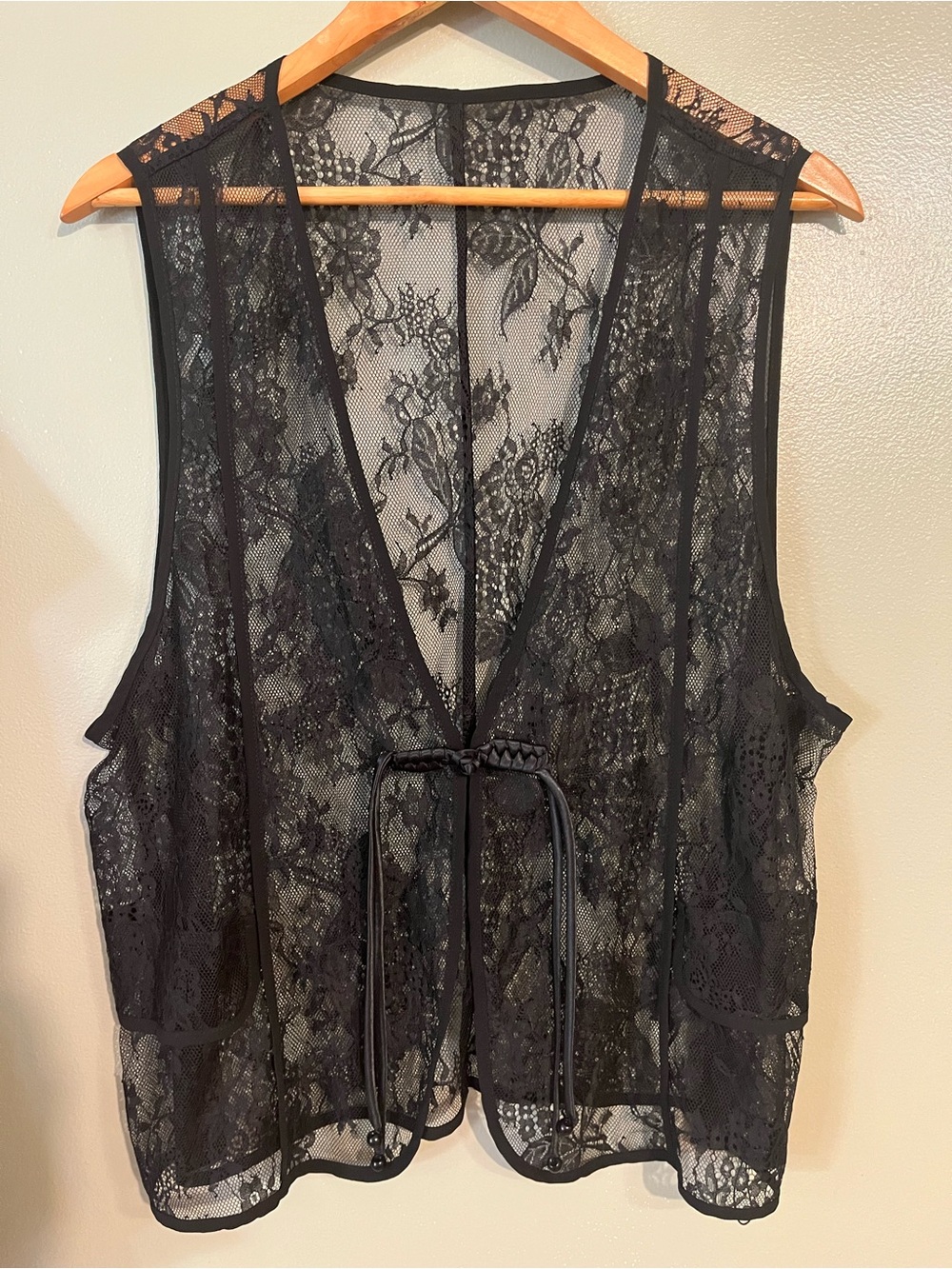 Black Lace Sheer Vest with Front Tie Grunge Whimsical Size L New